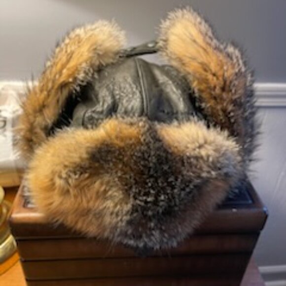 Barneys New York 100% Real Fox Fur Black Leather Trapper Winter Hat